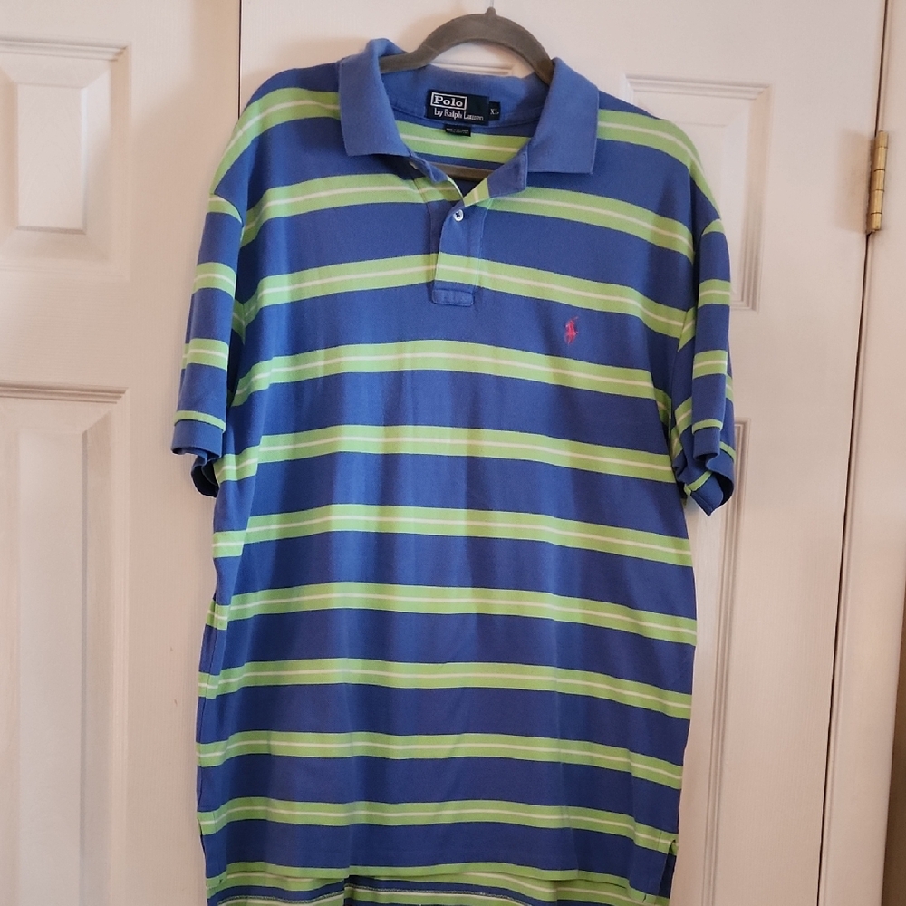 Polo by Ralph Lauren Men's Striped Blue and Green Polo Shirt